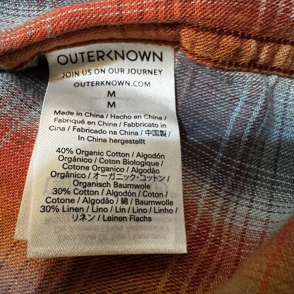 Outerknown Shirt Mens Medium Rust Orange Blue Gray Plaid Casual Surf Linen - Picture 6 of 7